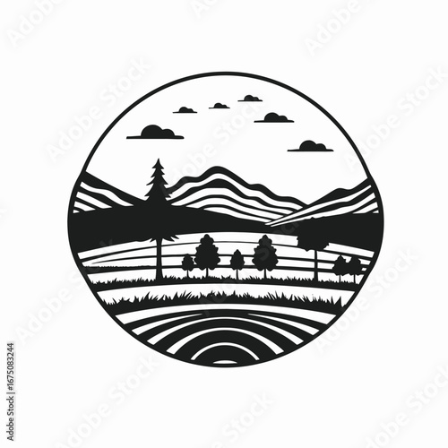 Serene mountain landscape framed by circular design, showcasing a picturesque silhouette