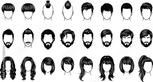 Male and female hairstyle illustrations with modern haircuts, beards, and long hair styles for fashion, grooming, beauty, and design projects