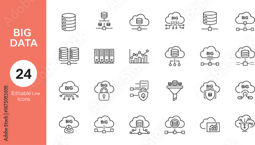 Minimalist big data line icons set with database, cloud, analytics, security, and storage symbols for digital, web, and app design