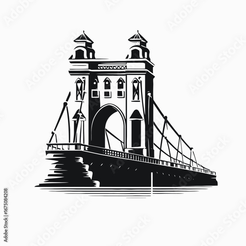 Bold suspension bridge with architectural detail, presented as a strong silhouette