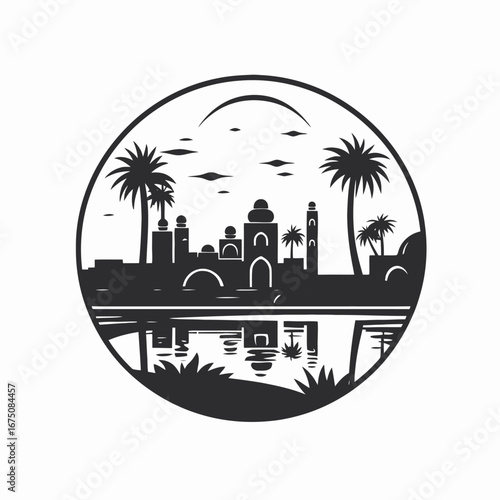 Serene oasis landscape, reflecting city architecture and palms, monochrome art silhouette