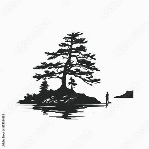 Contemplative individual standing near the shoreline with majestic tree in silhouette