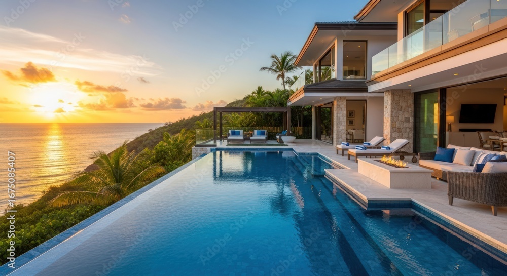 Fototapeta premium Luxury Ocean View Villa with Infinity Pool at Sunset, Tropical Vacation