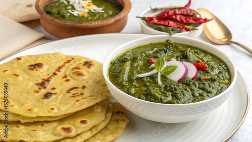 realistic colorful designs of Punjabi sarson da saag with makki di roti, white background, no text