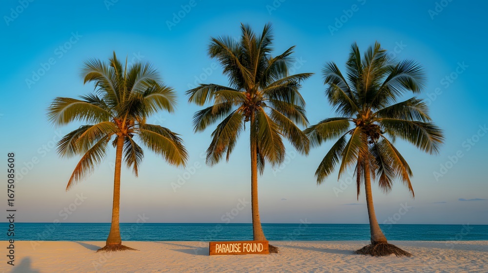 Fototapeta premium Three tall palm trees stand on a sandy beach with the ocean and a clear blue sky in the background