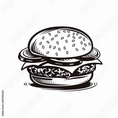 Appetizing hamburger with sesame seeds and meat ingredients isolated food silhouette