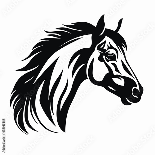 Striking equine head with flowing mane, artistic black and white horse silhouette