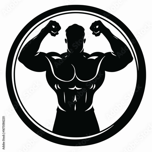 Bodybuilder flexing muscles inside the circle shape, a strong fitness silhouette