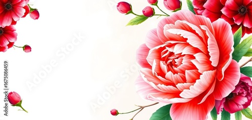 Elegant watercolor peony border, vibrant red & pink blooms,  blossom,  nature