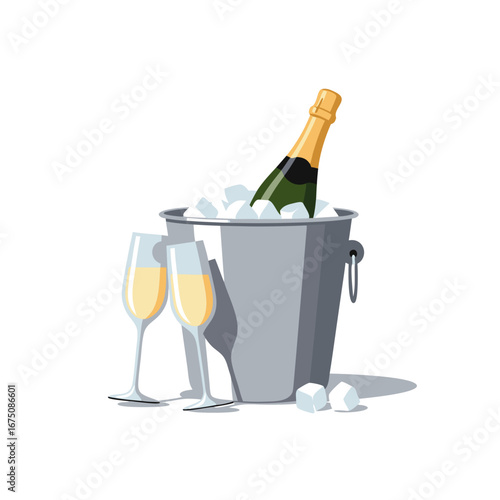 Champagne bottle in ice bucket with glasses ready for festive New Year celebration toast.