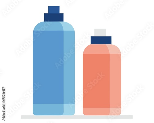 Two bottles of liquid soap or shampoo in blue and peach color schemes for hygiene