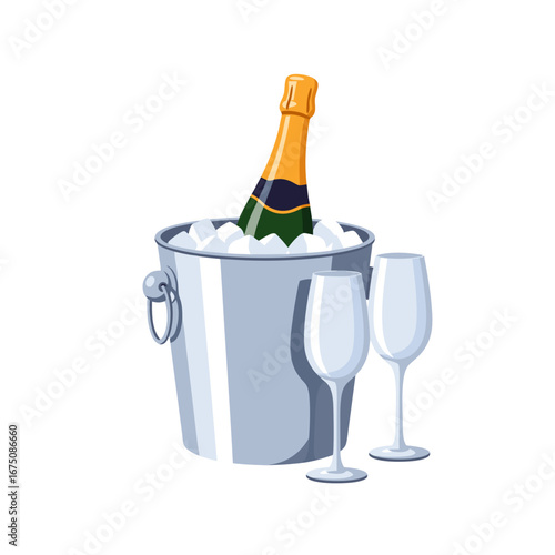 Champagne bottle in ice bucket with two glasses for elegant New Year party toast.