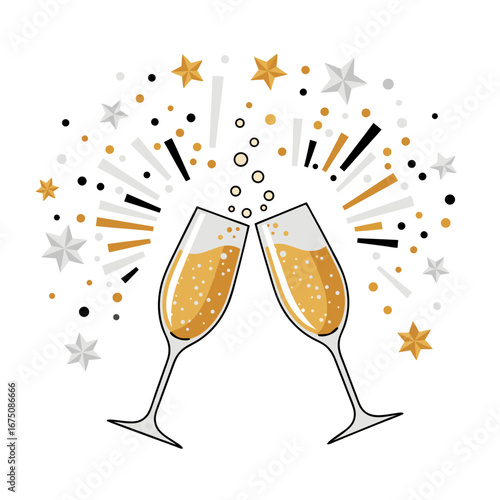 Champagne glasses clinking with sparkling confetti for festive New Year celebration.