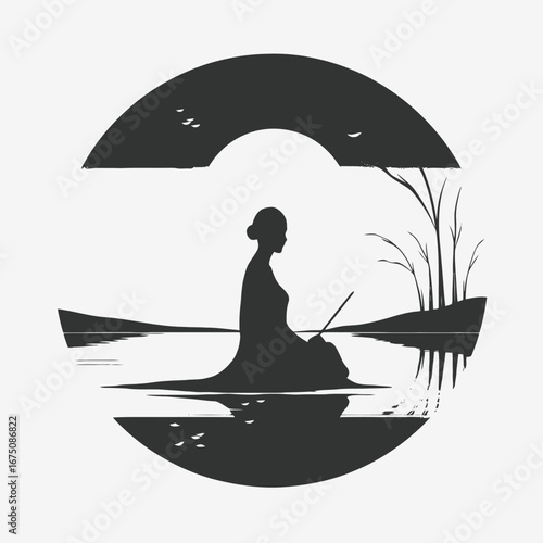 Serene woman artist painting nature reflected in water landscape graphic design silhouette