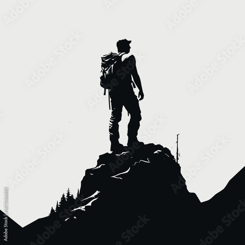 Adventurous hiker stands atop mountain peak admiring nature landscape silhouette