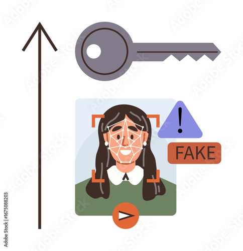Facial scan assessing a photo with fake identity alert, upward arrow, and security key. Ideal for authentication, biometrics, cybersecurity, fraud detection, AI, identity protection simple flat