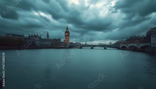 Dramatic stormy clouds gather over the river thames and iconic big ben clock tower in london