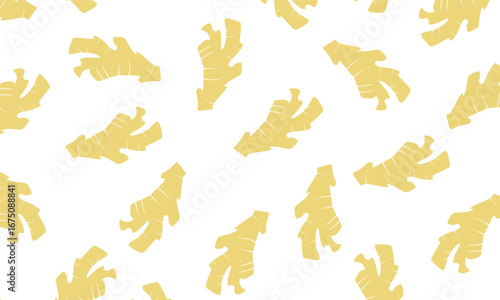 Doodle ginger root seamless pattern. Background vector of fresh organic spices used for cards, menu covers, magazines, and posters