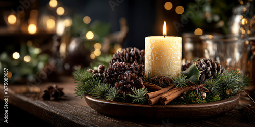 First Advent Sunday – One Candle Lit in Cozy Christmas Setting with Pinecones and Spices. AI generativen.