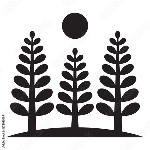 Minimalist Tree Silhouette with Sun – Nature Forest Landscape Vector Illustration