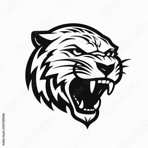 Ferocious black tiger head with snarling mouth in graphic vector silhouette