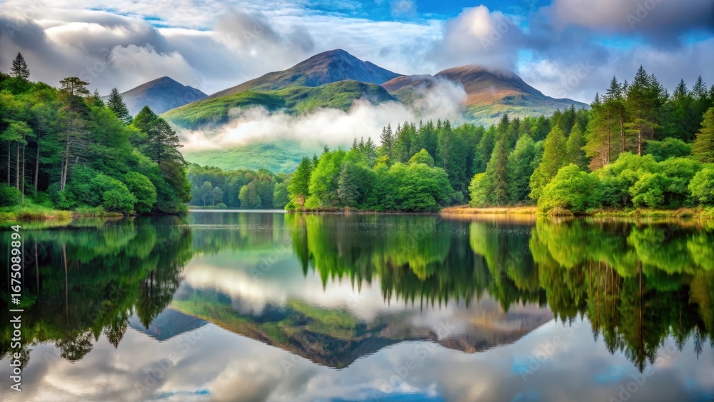 Fototapeta premium A serene loch reflected in still waters surrounded by lush green forest and towering trees