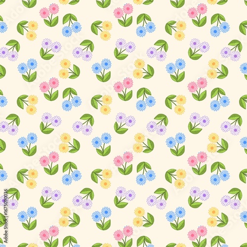 Colorful Flower Seamless Pattern with Yellow , Pink, Blue and Purple Floral Design