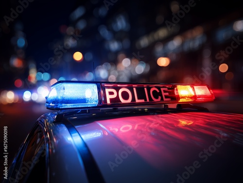 Close-up of police car lights at night with blurred city lights in the background. Concept for law enforcement, emergency response and public safety