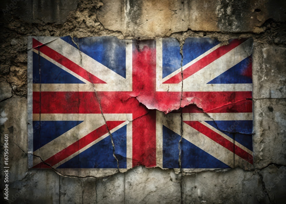 Fototapeta premium Old Union flag hangs from cracked wall with weathered background