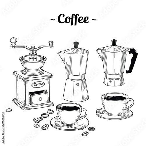 Coffee set, coffee grinder, coffee maker, cup, and beans