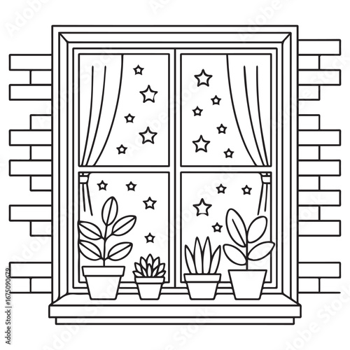 Window with Potted Plants and Starry Night Sky – Minimalist Black and White Vector Art