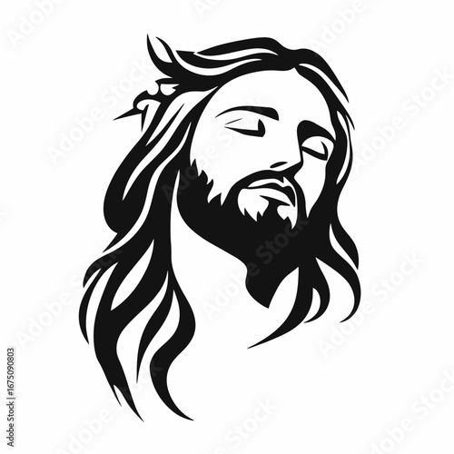 Serene Jesus Christ portrait rendered in minimalistic black and white graphic silhouette