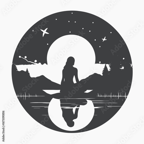 Serene woman meditating by lake under starry sky, peaceful scene silhouette