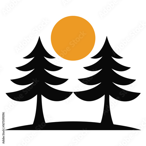 Minimal Pine Tree Silhouette with Sunset – Nature Landscape Vector Art