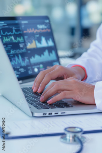 Medical professional analyzing charts on laptop in clinic -