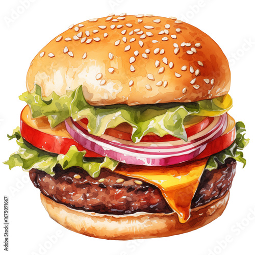 Watercolor Illustration of a Burger with Cheese. AI Generated Image.