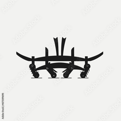 Stylized bridge construction with curved architectural elements, presented as an abstract silhouette