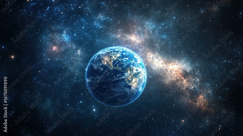 Fototapeta premium Earth illuminated like a radiant star in the vastness