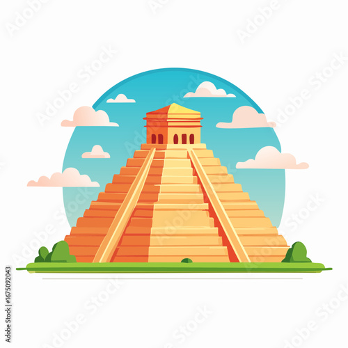 Colorful Cartoon Style Illustration Of A Mayan Pyramid