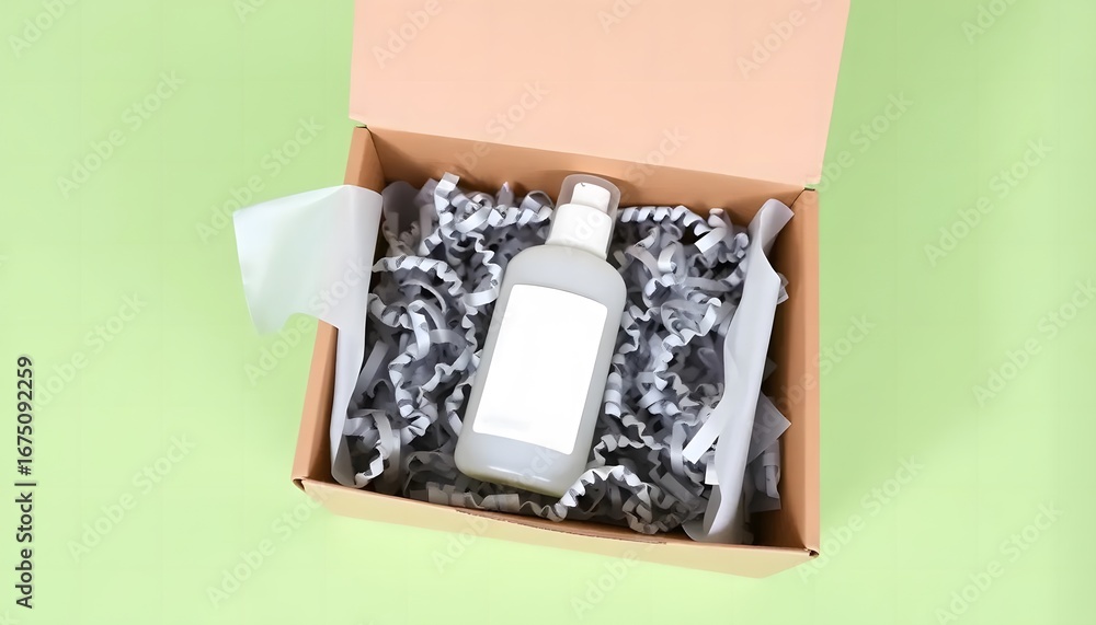Fototapeta premium Overhead view of a gift box filled with white tissue paper and a clear spray bottle with a white label