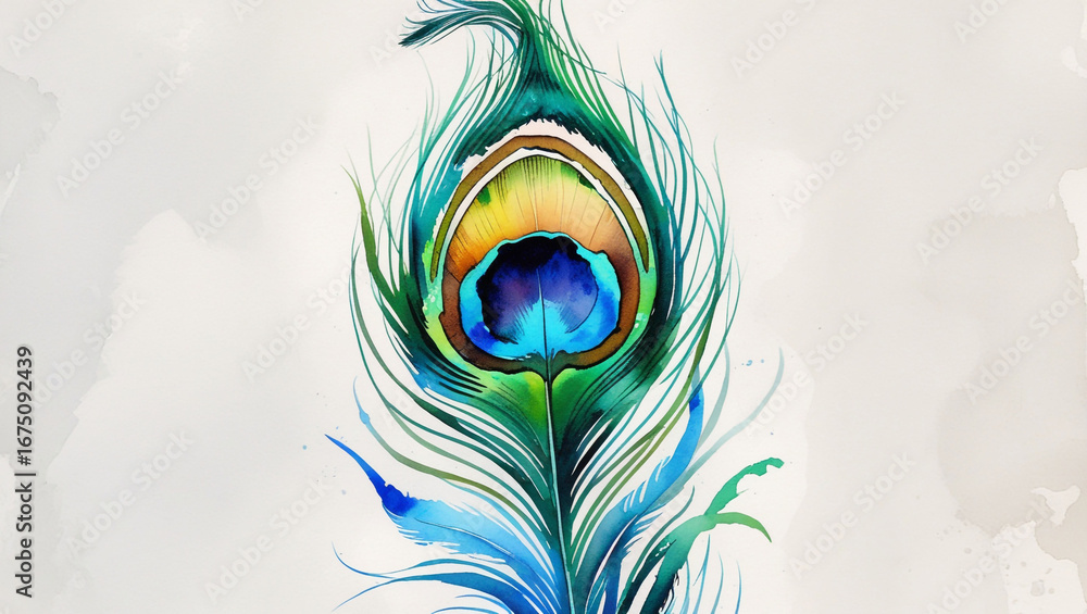 Obraz premium Watercolor peacock feather art illustration design drawing painting colorful vibrant artistic detail