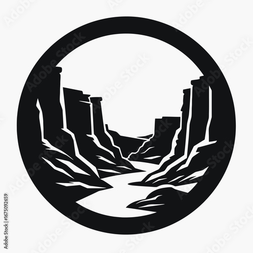 Majestic canyon river between tall rocky cliffs inside circular frame silhouette