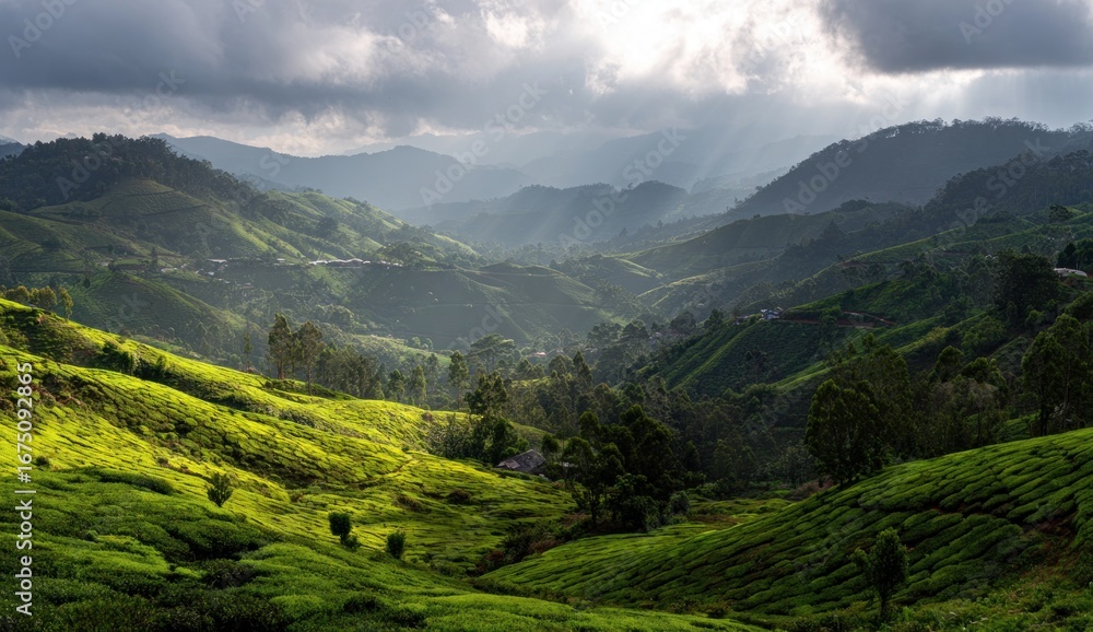 Fototapeta premium Lush green tea hills under dramatic sky
