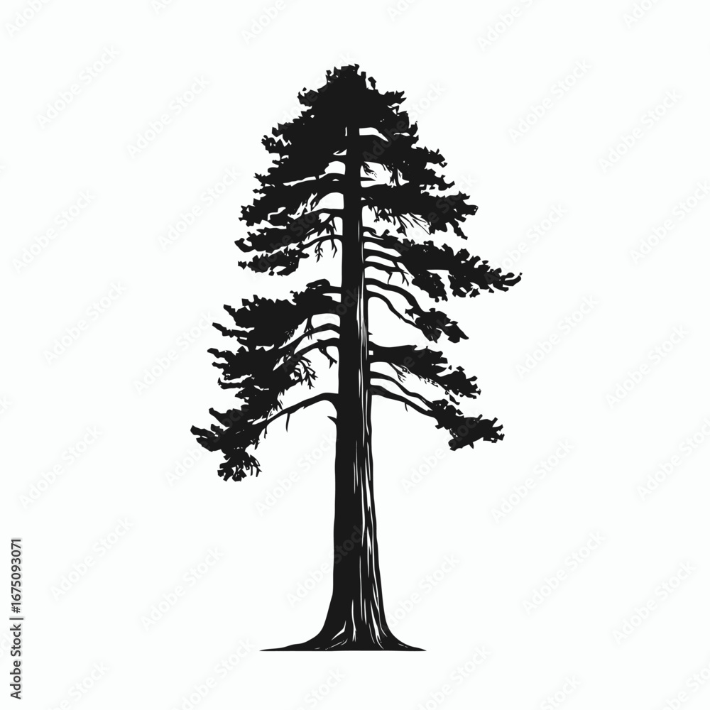 Fototapeta premium Majestic, towering evergreen conifer tree, illustrated as a dark contrasting silhouette