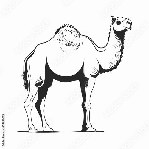 Majestic standing camel detailed graphic illustration in simple black silhouette