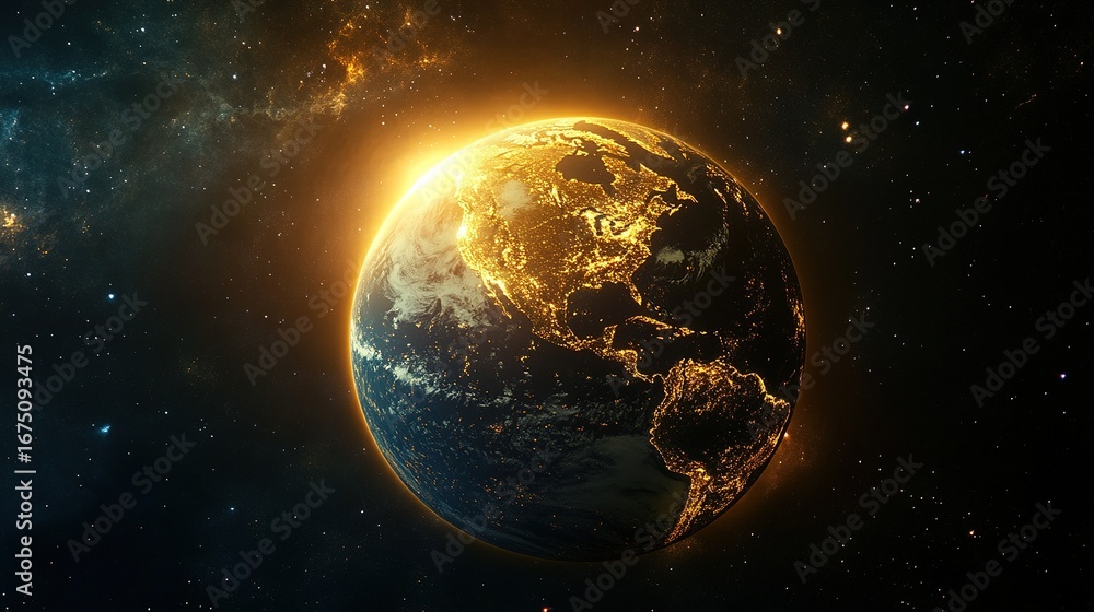 Fototapeta premium Earth illuminated like a radiant star in the vastness