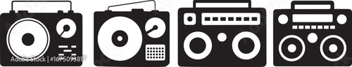 Retro boombox vector illustration set showing vintage portable music players with speakers, cassette deck, and radio, symbolizing hip hop culture, nostalgia, entertainment, and urban lifestyle