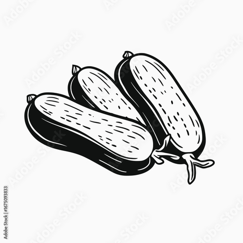 Charming trio of black courgettes arranged carefully together in monochrome silhouette