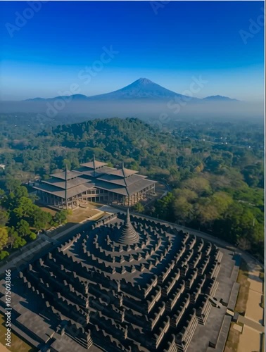 Borobudur Temple complex scenic aerial view in Indonesia under clear sky
