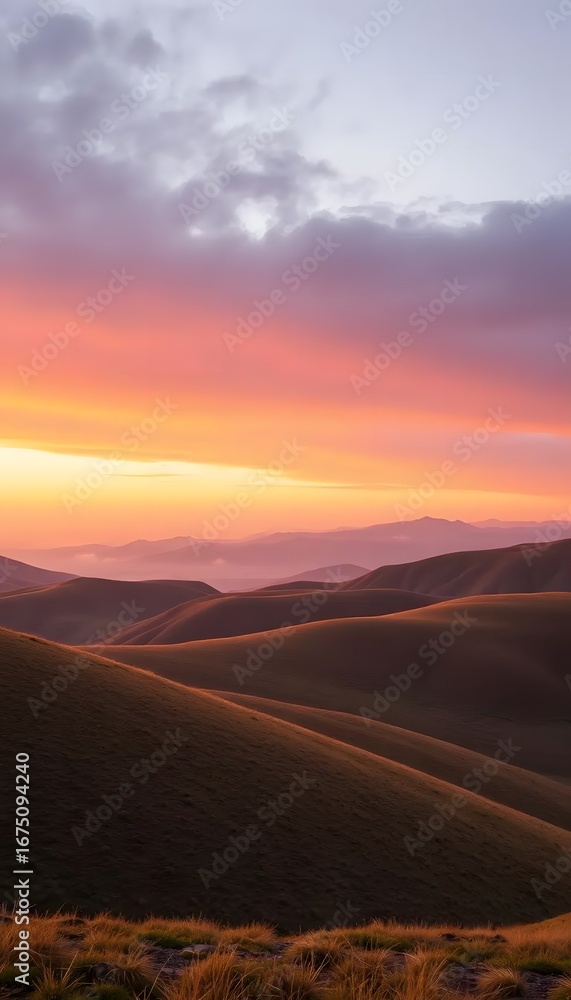 Fototapeta premium Vibrant sunset sky illuminates rolling hills and distant mountains in a serene landscape